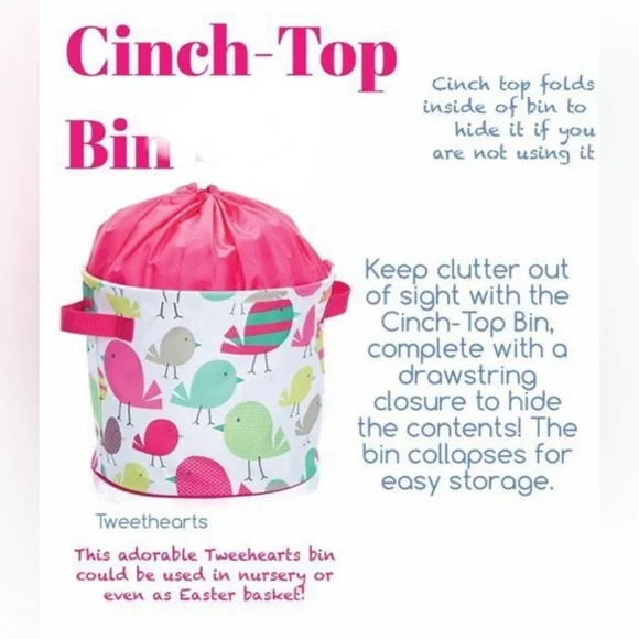 thirty-one Pink and Teal Bird Print Drawstring Storage Bin - Picture 2 of 9